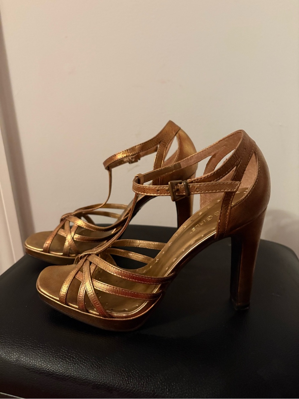 BCBGirls Metallic Bronze Strappy T‑Bar High Heel Sandals - Picture 5 of 9